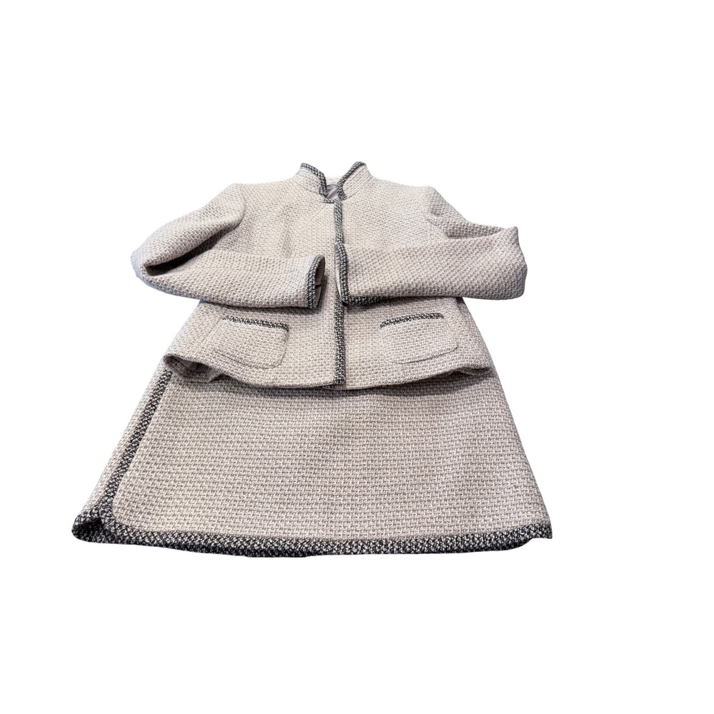 Elie‎ Tahari Vintage Tweed Blazer Skirt Suit Wool Neutral Tan Black Trim 10 3h1